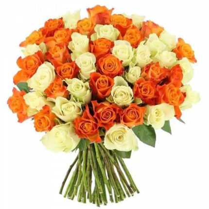 50 orange and white roses handtied bouquet