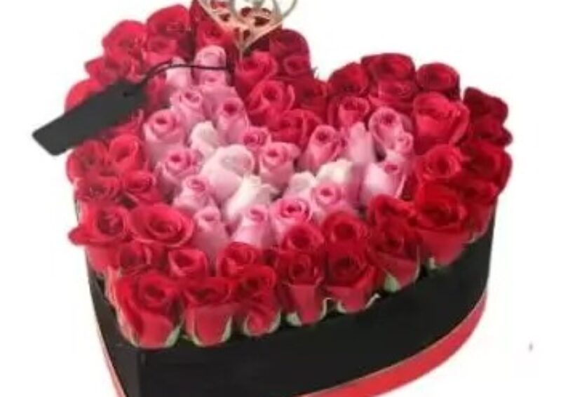 70 stems of roses in a heart box