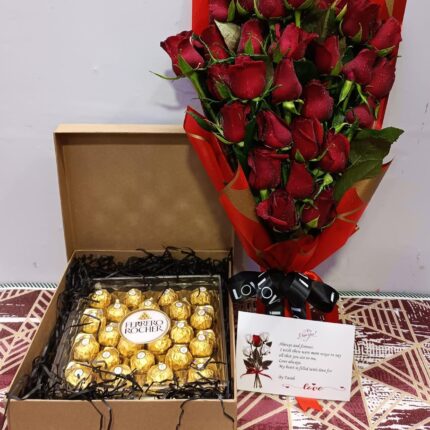 Red roses bouquet, box of chocolates and card