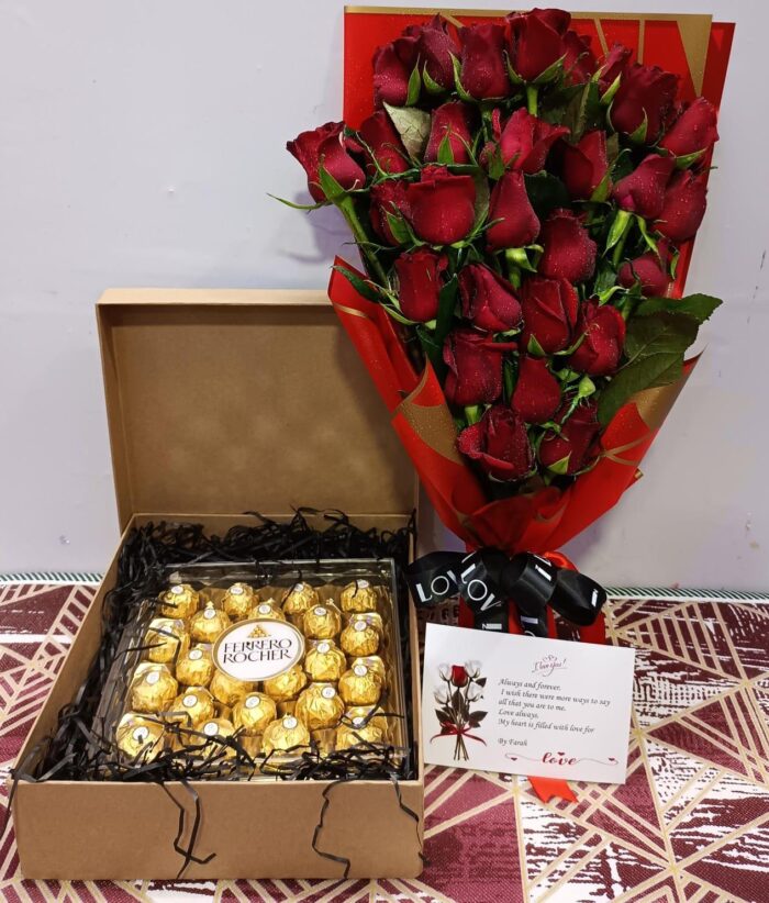 Red roses bouquet, box of chocolates and card