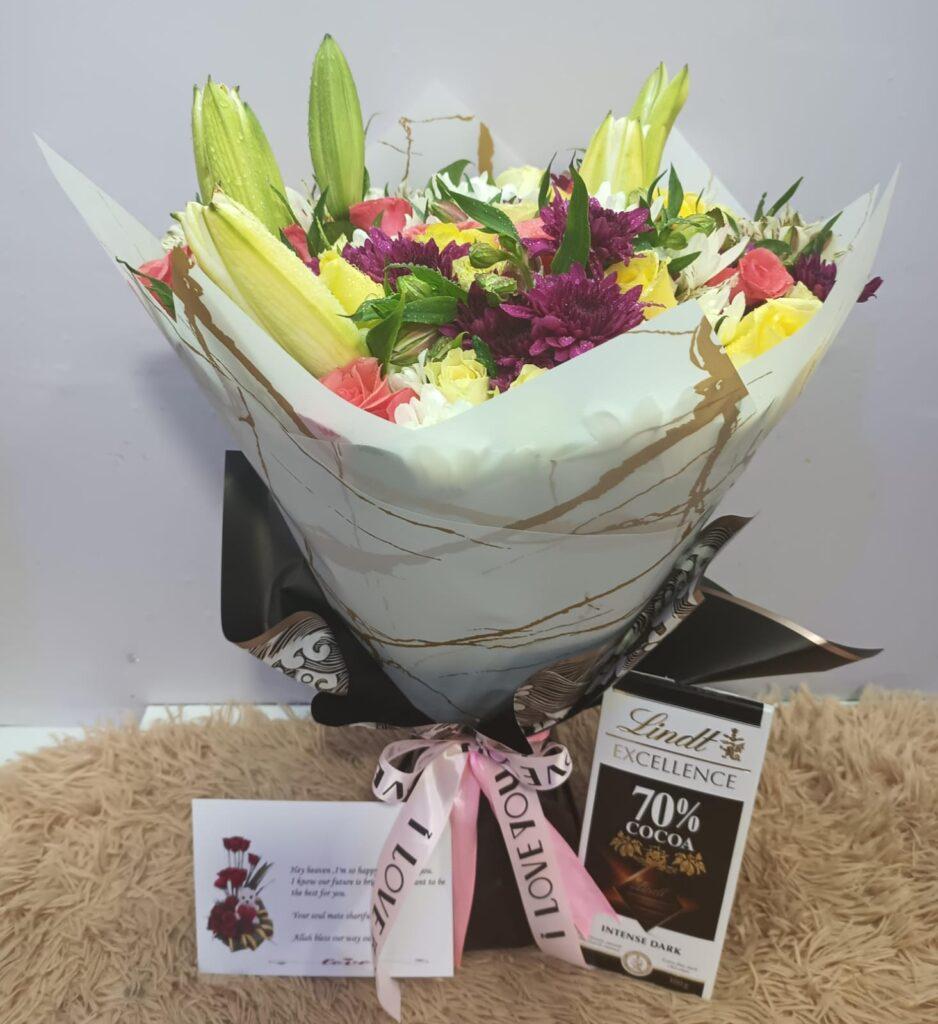 Bouquet of flowers and card