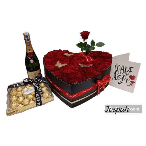300 red roses stems hat box, moet champagne and fellaro Rocher chocolate plus a card @68,000