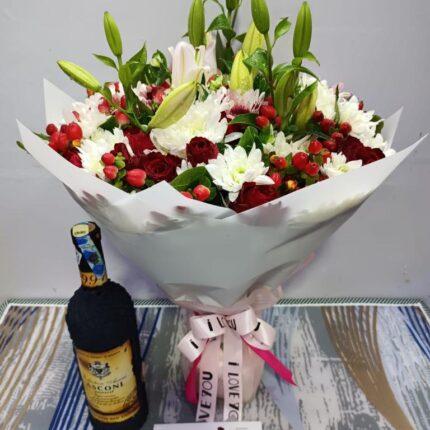 Flower Bouquet, Asconi Wine and Card