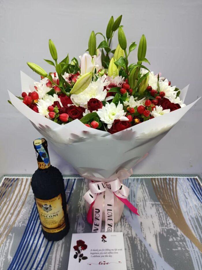 Flower Bouquet, Asconi Wine and Card