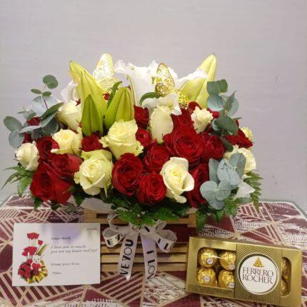 Flower Bouquet, Ferrero Chocolates and Card