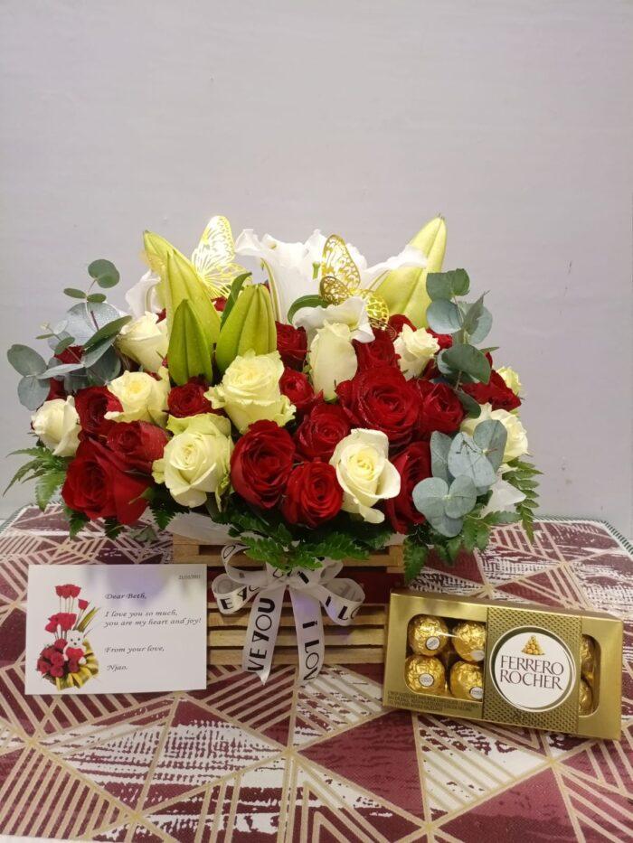 Flower Bouquet, Ferrero Chocolates and Card