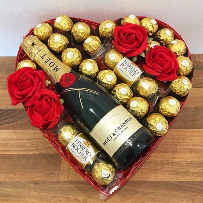 Heart Box with Flowers, Ferrero Chocolates and Moet