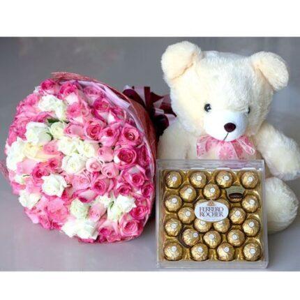 Flower Bouquet, Ferrero Chocolates and Teddy Bear