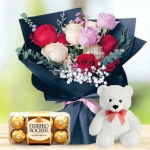 Flower Bouquet, Ferrero Chocolates and Teddy Bear