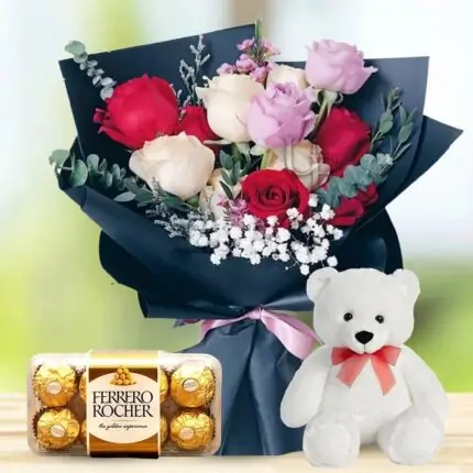 Flower Bouquet, Ferrero Chocolates and Teddy Bear