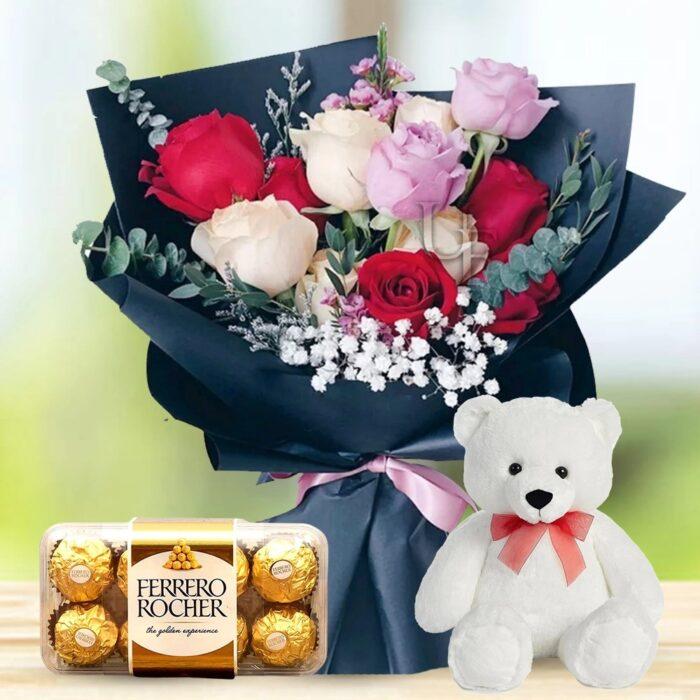 Flower Bouquet, Ferrero Chocolates and Teddy Bear