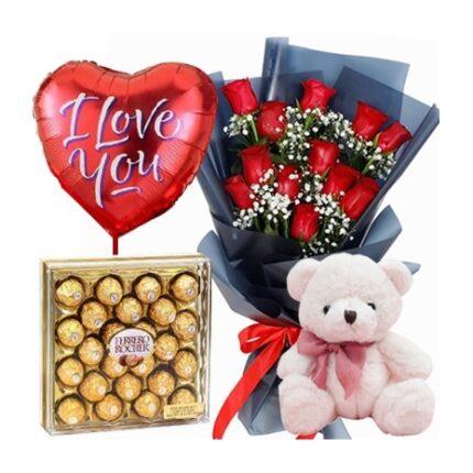 Flower Bouquet, Ferrero Chocolates and Teddy Bear