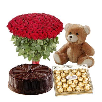 Red Roses, Ferrero Chocolates, Cake and Teddy Bear