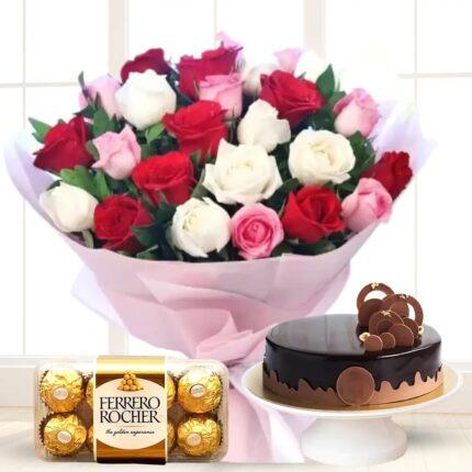 Flower Bouquet, Ferrero Chocolates and Cake