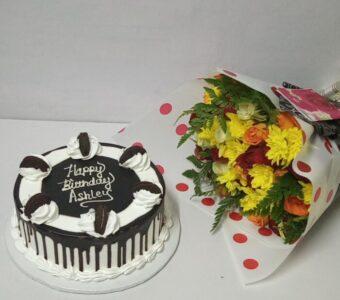 Bouquet of Flowers and Celebration Cake
