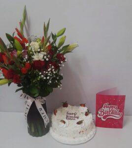 Birthday Cake, Flowers and Happy Birthday Card