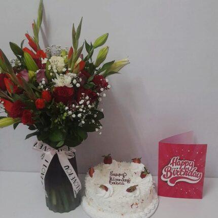 Birthday Cake, Flowers and Happy Birthday Card