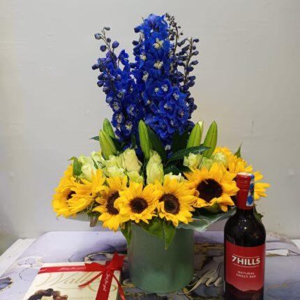 Flowers in a Vase, 7Hills Wine and Walkers Chocolates