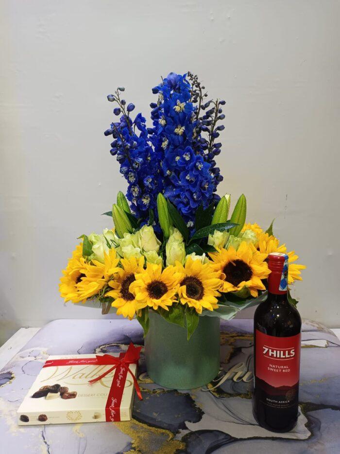 Flowers in a Vase, 7Hills Wine and Walkers Chocolates