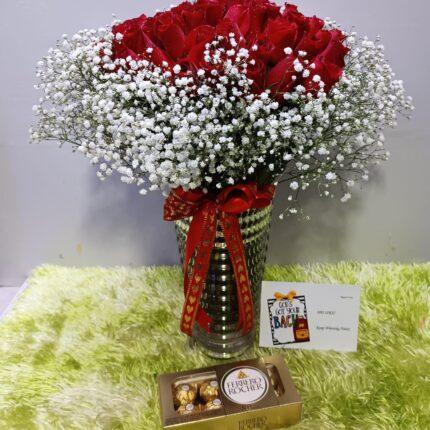 Flower Bouquet, Ferrero Chocolates and Card