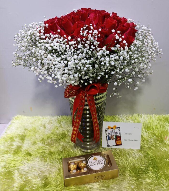 Flower Bouquet, Ferrero Chocolates and Card