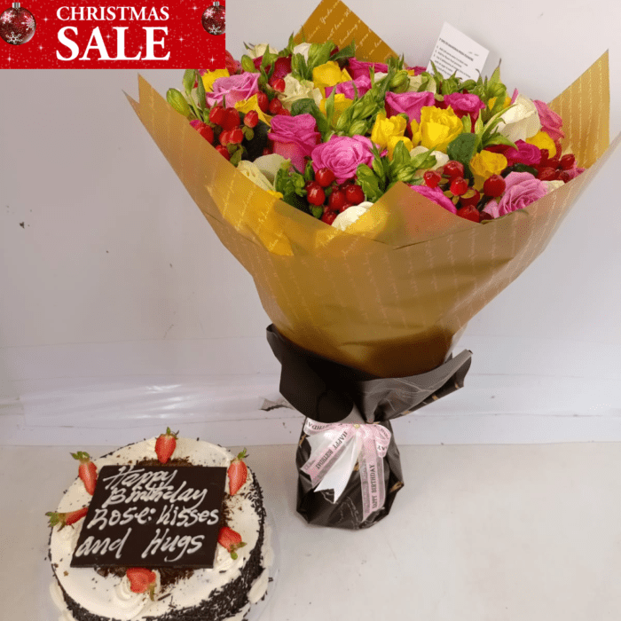 Elegant Mixed Flower Bouquet and Birthday Cake