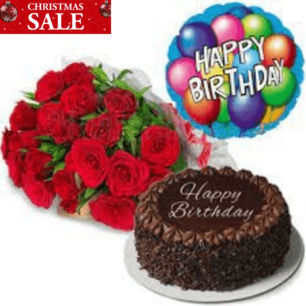 Red Roses Bouquet, Birthday Cake and Balloons