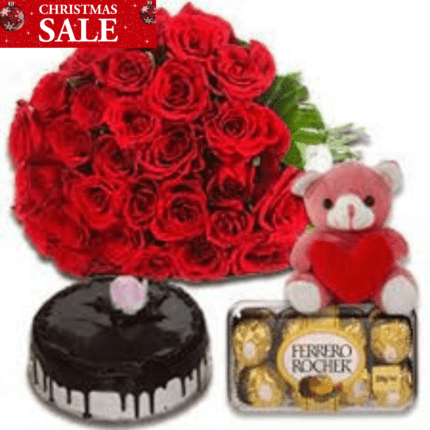 Christmas Deal - Bouquet of red roses, teddy bear, cake and Ferro Rocher chocolates