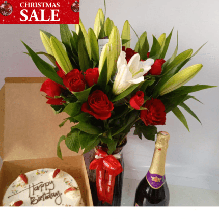 Elegant Celebration Set: Easter Lilies, Red Roses, Chamdor & Birthday Cake