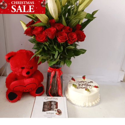 Birthday Bliss Bundle: Easter Lilies, Red Roses, Teddy Bear, Cake & Card