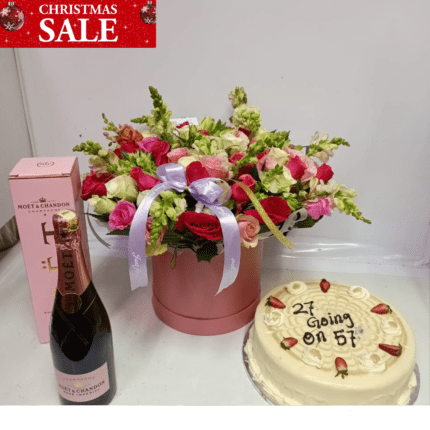 Luxury Birthday Bundle: Bells of Ireland, Snapdragons, Garden Roses, Moët & Cake