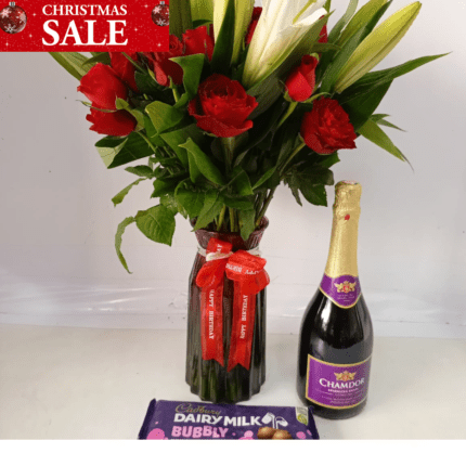 Romantic Delight Gift Set: Red Roses, Easter Lilies, Chamdor & Cadbury Chocolate