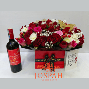 Valentines Day Hat Box Bouquet and Wine Gift