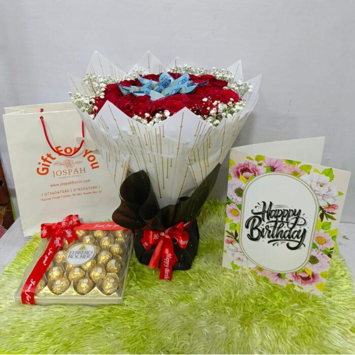 Birthday money bouquet with red roses, chocolates, and greeting card – perfect birthday gift