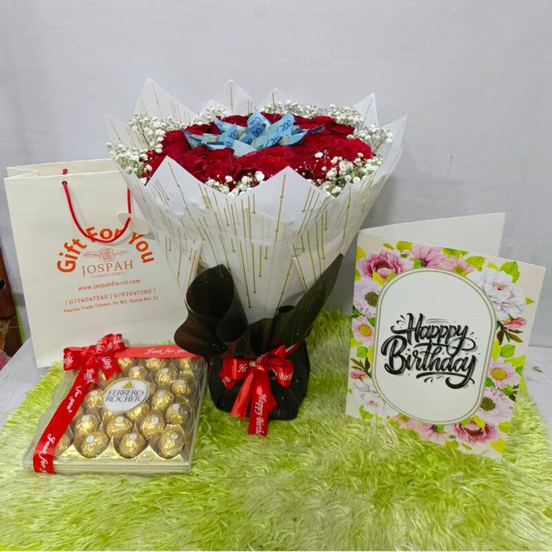 Birthday money bouquet with red roses, chocolates, and greeting card – perfect birthday gift