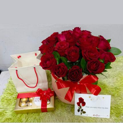 Red rose hatbox with Ferrero Rocher chocolates and gift bag