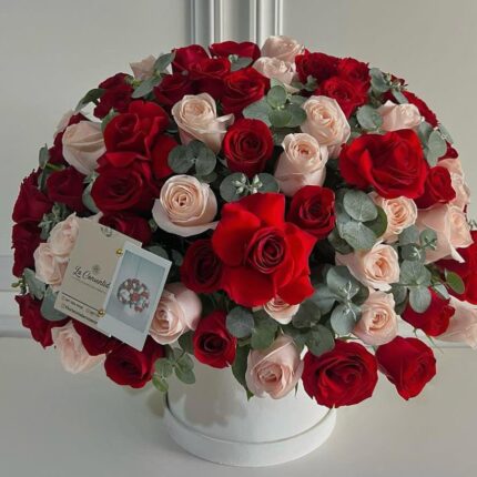 Elegant Red & Blush Rose Hat Box Arrangement