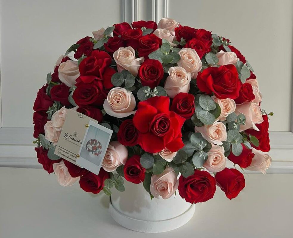Elegant Red & Blush Rose Hat Box Arrangement