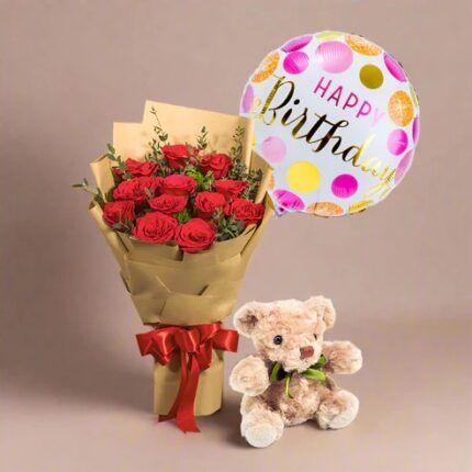 Roses Bouquet, Balloon and Teddy Bear