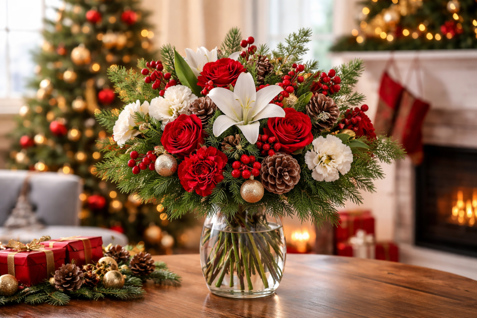 Festive Christmas flower arrangement with red roses, white lilies, and greenery for Christmas flower delivery Nairobi.
